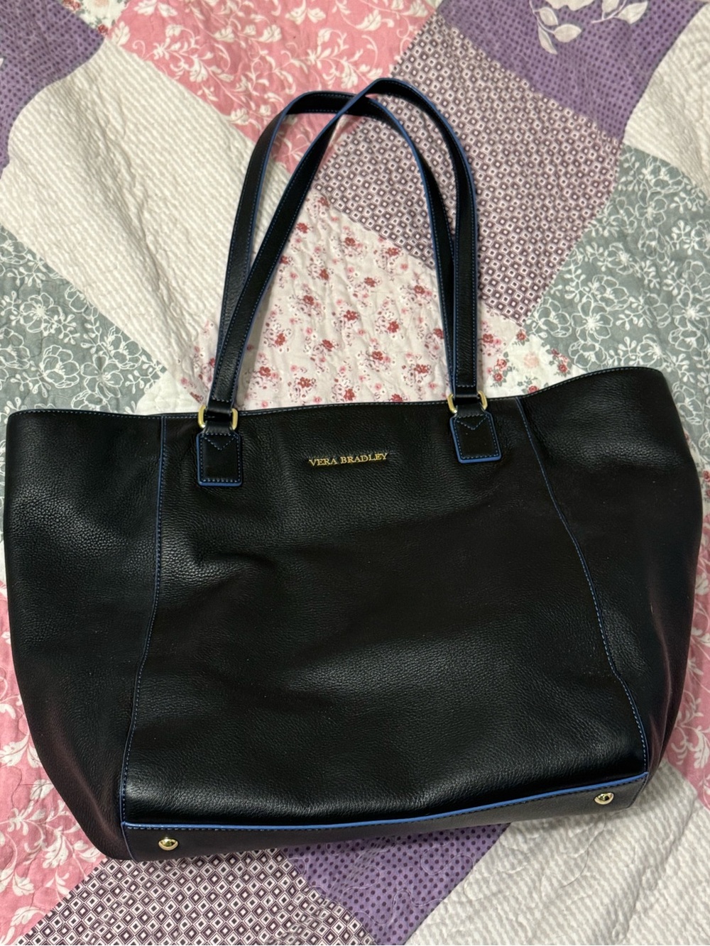 Vera Bradley Black Leather Tote with Blue Floral Lining and Gold Hardware